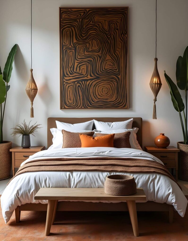 Afrohemian interior decorating: A bedroom featuring an earth-toned palette, a large abstract art piece above the bed, woven pendant lights, and lush potted plants for a relaxed, global-inspired aesthetic.