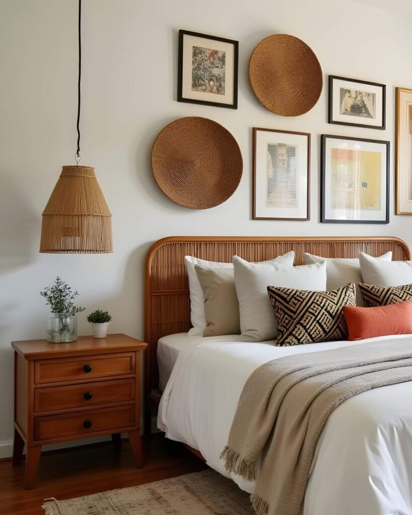 African-inspired Bohemian interior decorating: A bedroom featuring a light, airy aesthetic with a woven rattan headboard, complemented by woven wall art and a matching pendant lamp. Neutral-toned bedding is accented with patterned throw pillows and a soft, fringed blanket. A wooden nightstand with flowers adds a touch of nature, enhancing the room's warm, inviting atmosphere.