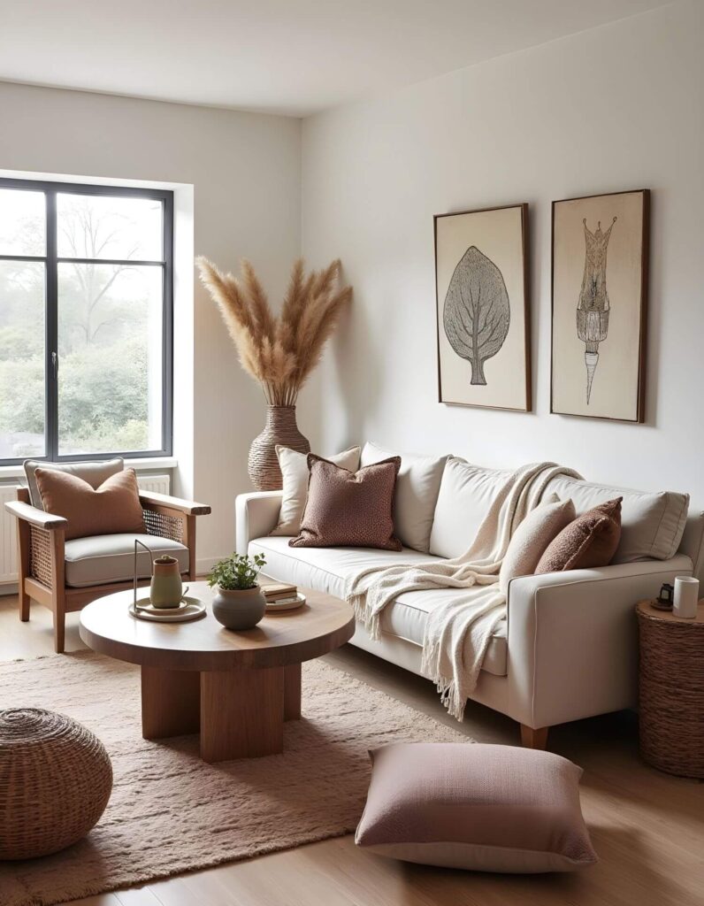 Cozy Afro Bohemian interior decorating: A sunlit living room with a plush white sofa, inviting armchair, and round wooden coffee table, accented by earthy tones, textured throws, and natural decor. Perfect for a relaxed and stylish home.