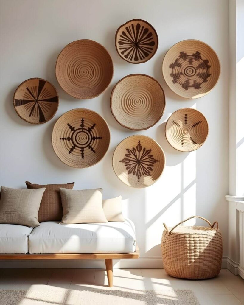 A bright living room features a white couch with tan and brown pillows, underneath a collection of nine woven African baskets of different designs hanging on the wall, and lit by a nearby window. A similarly woven oversized basket sits right of the sofa.