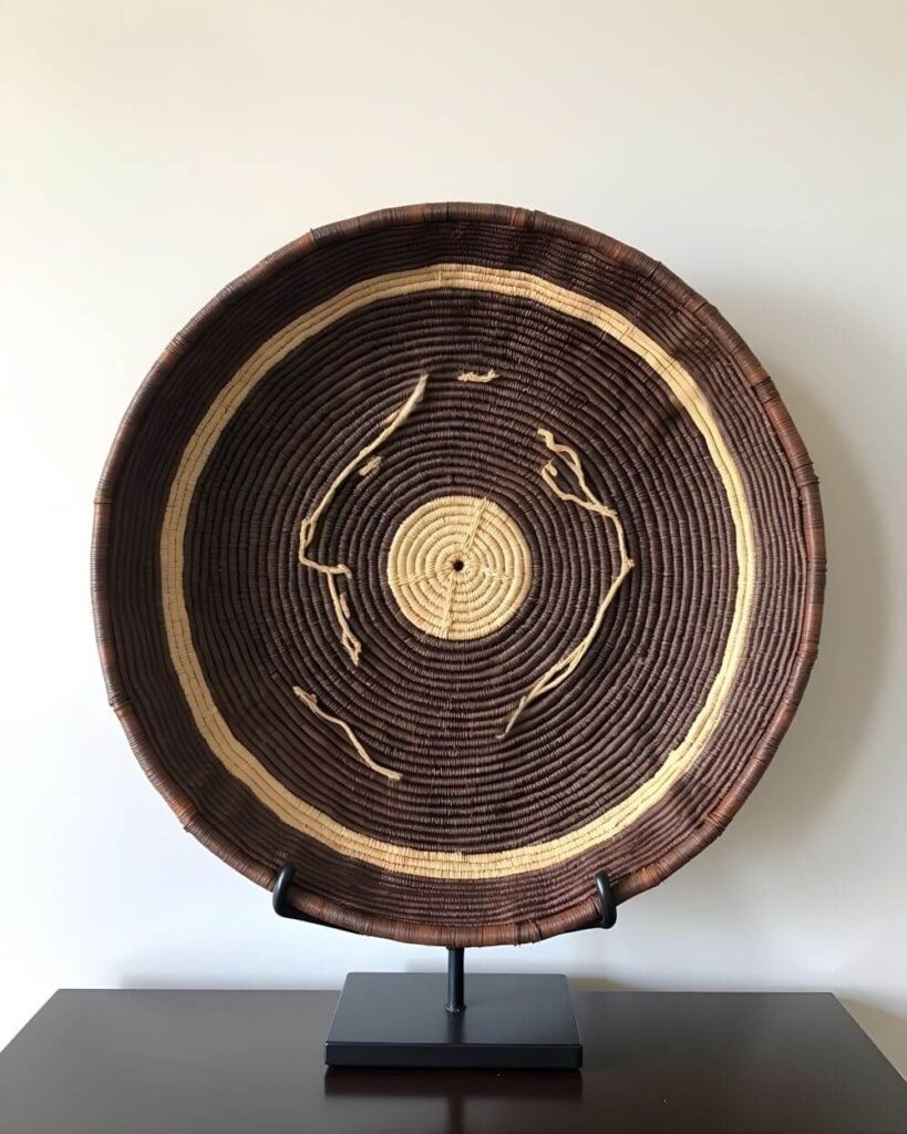 A woven Makenge basket with a round, shallow shape, featuring concentric circles of dark brown and beige, held upright on a black metal stand.