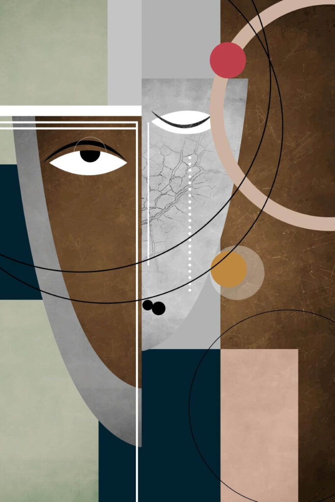 Modern African art featuring an abstract, geometric portrait with earth-tone elements. The artwork blends shades of brown, gray, and muted blues, incorporating minimalist shapes and lines to evoke a sense of contemporary African design.