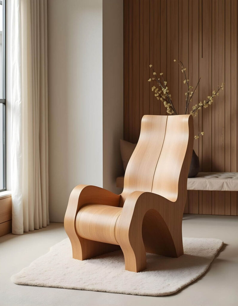 A sculptural, light-wood chair rests on a creamy, textured rug in a naturally lit interior, embodying modern African design influences with its clean lines and organic form. The chair's curved back and armrests create a welcoming silhouette, complemented by minimalist interior textures. In the background, a wooden slatted wall adds warmth, while a large window with flowing white curtains provides soft light and a sense of openness.