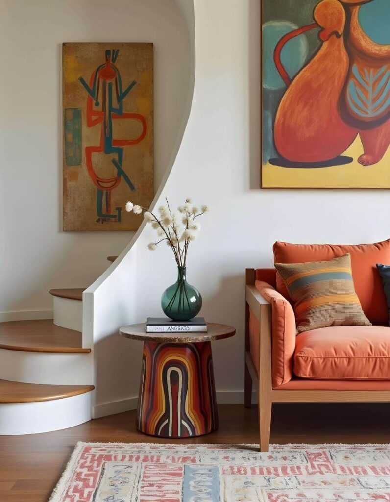 A cozy interior scene features a blend of modern art and furniture. On a white wall hangs a piece of abstract art with red and blue figures on a tan background (modern African art). Beside it, a curved staircase with wooden treads leads upward. A round accent table with a colorful, arch-patterned base displays a teal-colored glass vase filled with white flora and a stack of books. To the right of the table appears an orange couch with wooden frame, adorned with striped pillows. The hardwood floor is partially covered by a rug with tribal patterns (modern African art). Above the sofa, another piece of modern art is displayed.