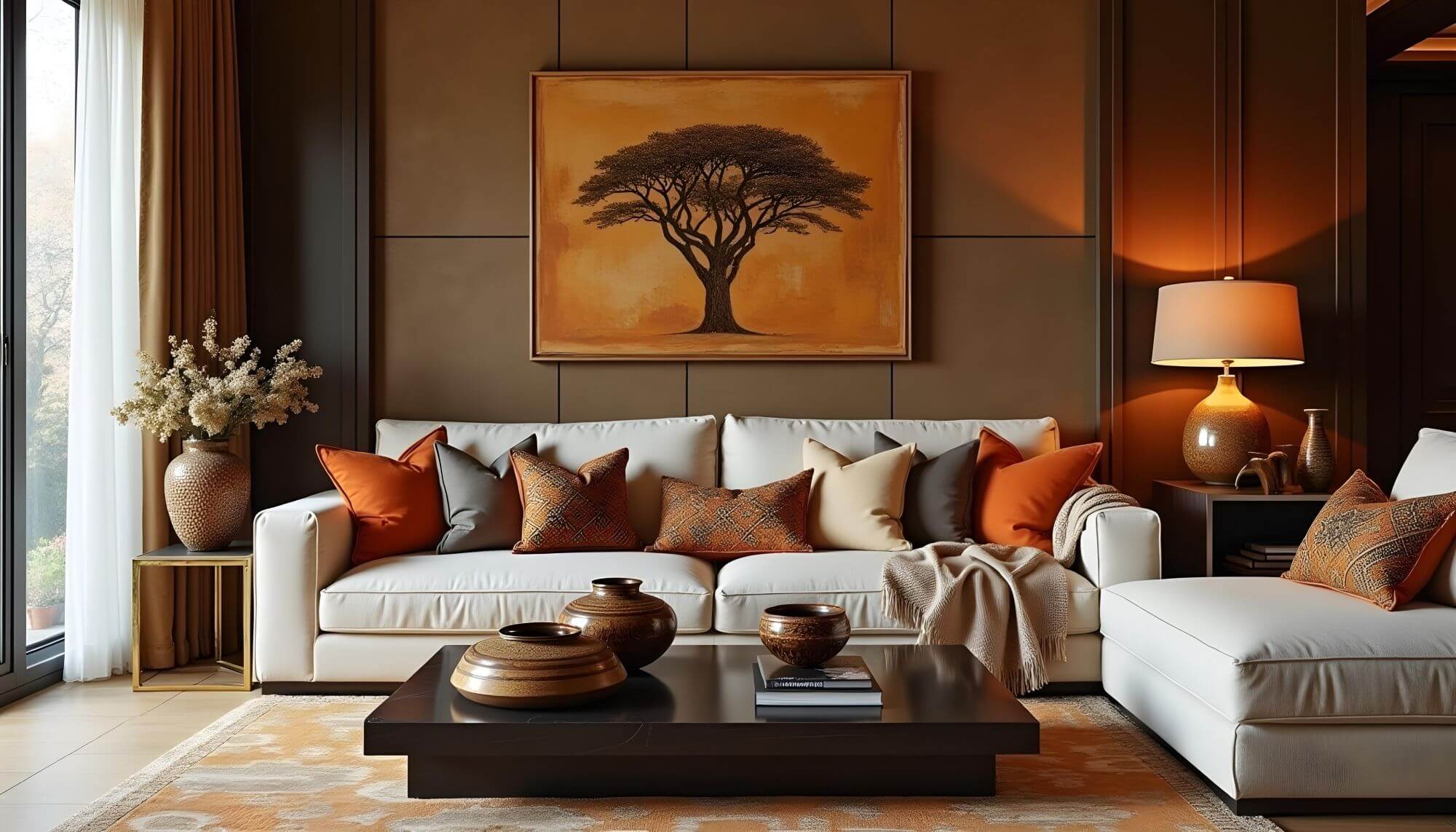 Elegant living room featuring African-inspired home decor: a white sofa adorned with earth-toned pillows, a striking tree artwork, and traditional pottery on a dark wood coffee table, set against a rich, brown backdrop.