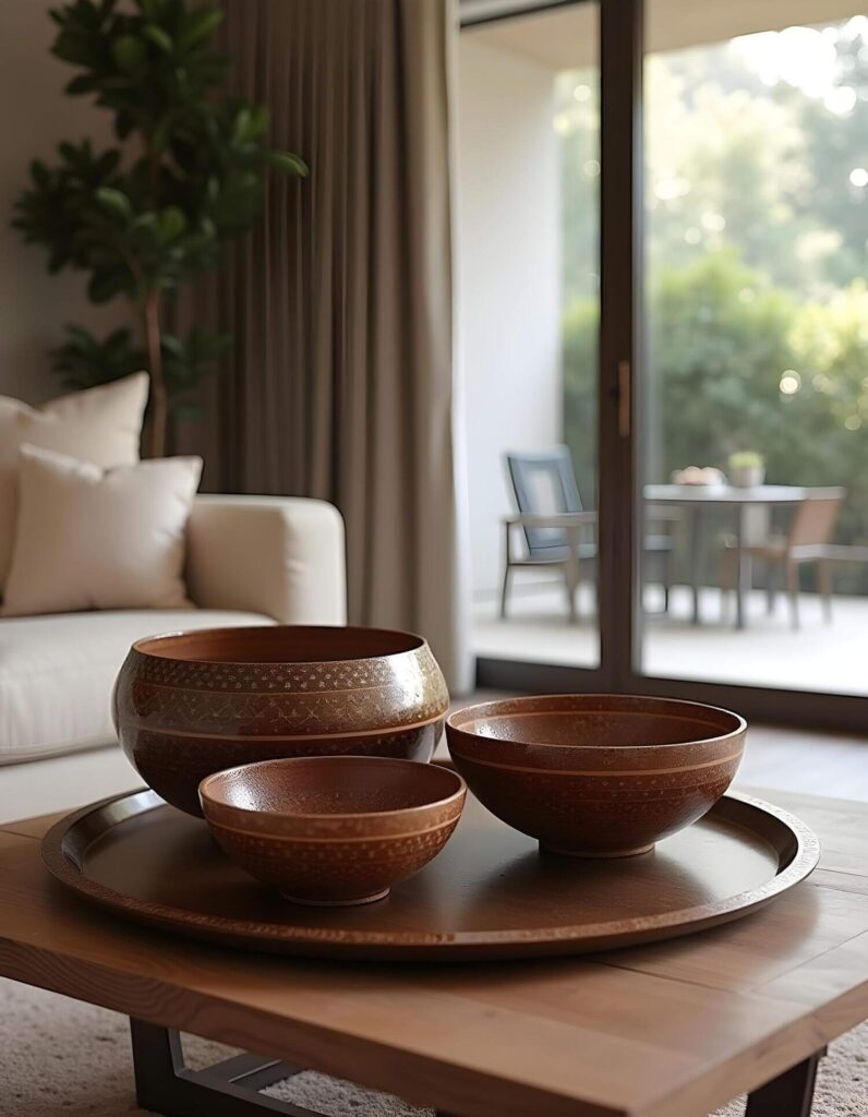 African-inspired home decor: Three decorative, patterned wooden bowls nested on a round wooden tray atop a coffee table, creating a warm and inviting interior.