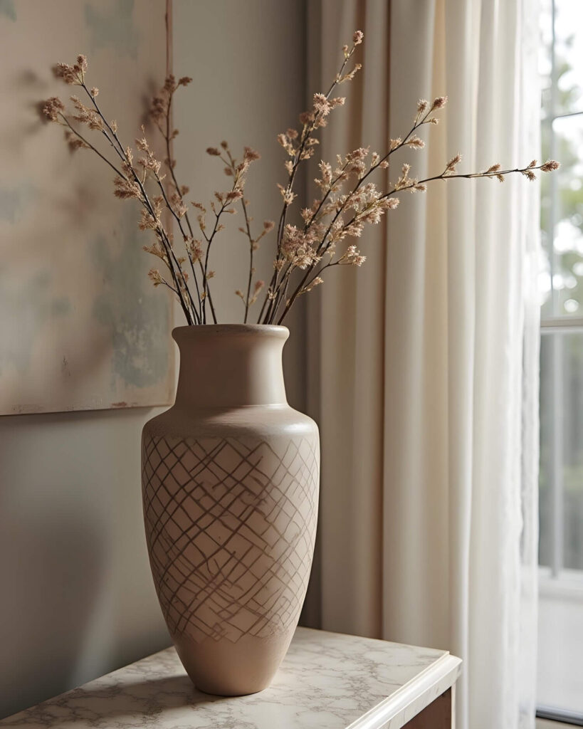 Elegant African-inspired home decor featuring a tall, beige vase with a geometric pattern, holding delicate dried floral branches, set against a backdrop of soft, neutral curtains and a softly lit room.