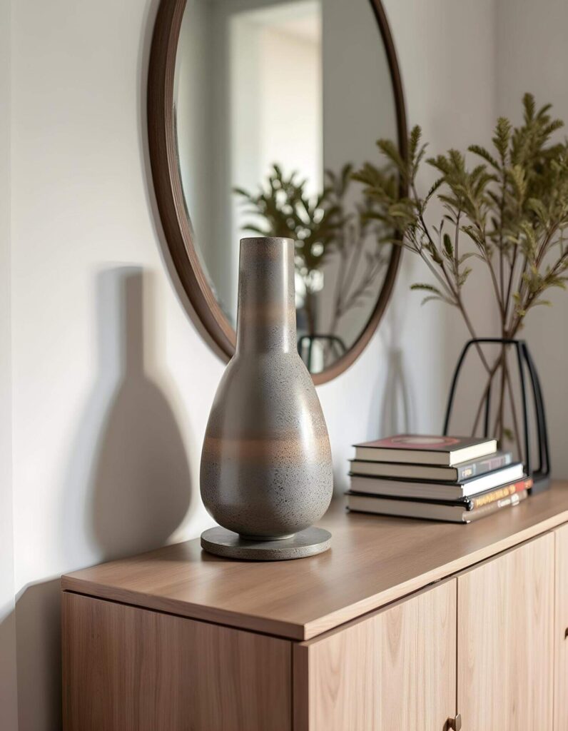 Elegant textured ceramic vase, round wooden-framed mirror, stacked books, and a modern wire vase with foliage, all artfully arranged on a light wood cabinet.