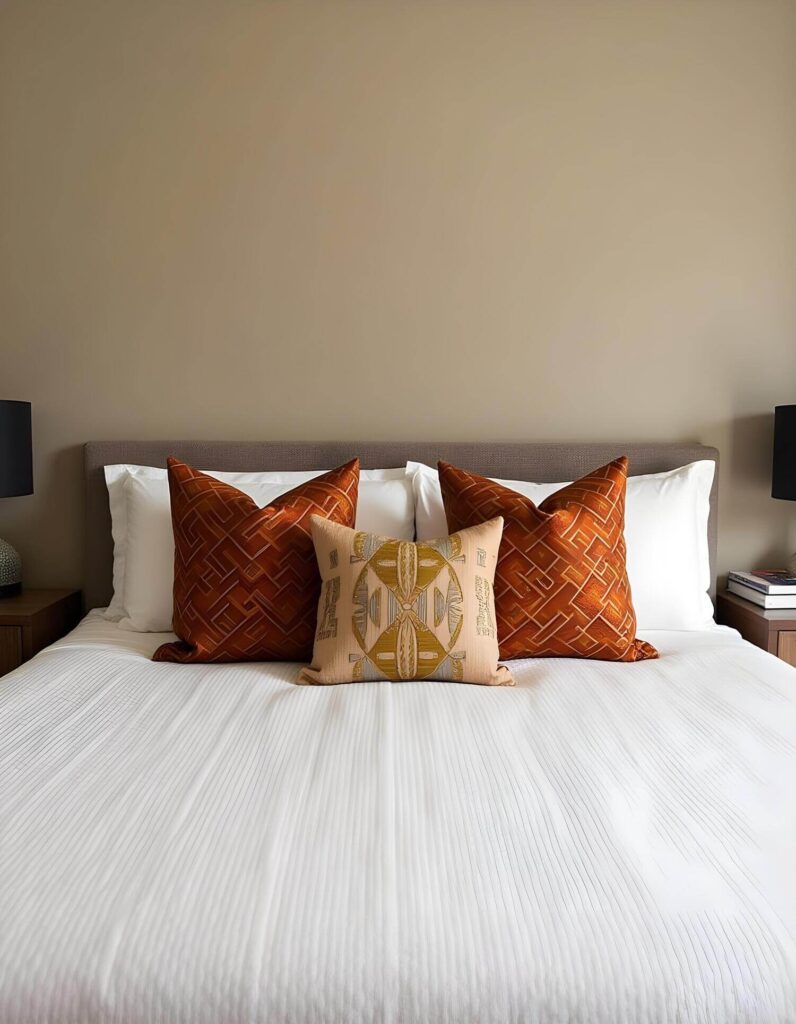 Bedroom featuring African-inspired home decor, with a white linen-covered bed adorned with two large burnt-orange patterned pillows and a smaller earth-toned, geometrically embroidered accent pillow.