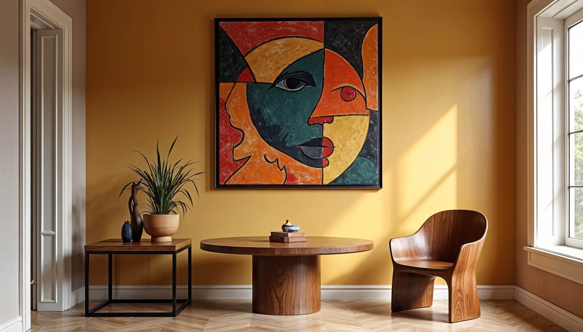 Modern African art displayed in a warm-toned room. An abstract painting of a face hangs above a round wood table, complemented by a sleek wooden chair and a side table with a potted plant. The herringbone floor adds a touch of classic elegance to the contemporary setting.