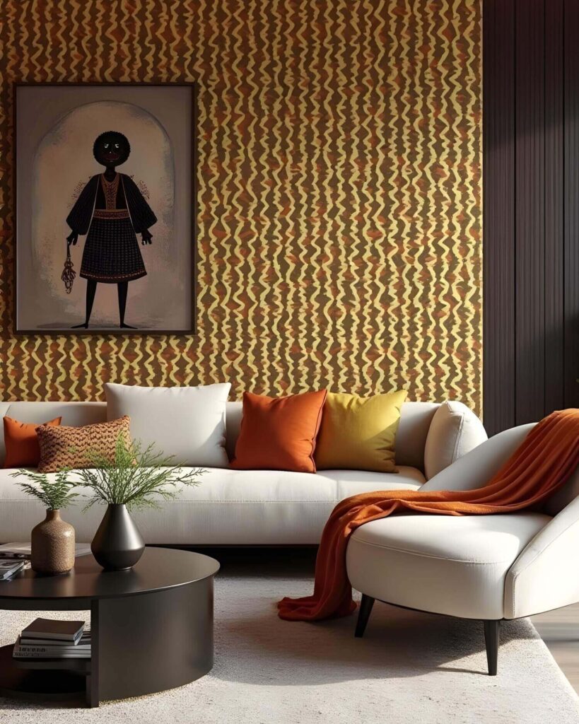 Living room featuring African-inspired home decor. A framed portrait of a Black figure hangs above a white sofa with orange, brown, and yellow pillows. An accent chair is draped with an orange throw blanket. The walls are covered in a brown and tan patterned wallpaper, complemented by a black coffee table with vases and books.