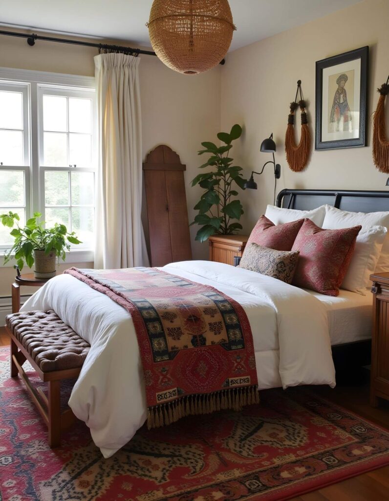 Afro-bohemian bedroom showcasing a black metal bed frame adorned with white linens, red patterned throw pillows, and a matching blanket. A tufted leather bench sits at the foot of the bed, complementing the room's warm color palette and a classic rug. Natural light floods through a window, highlighting a plant and an array of bohemian-inspired decorations and vintages pieces, including a woven pendant light and wall art.