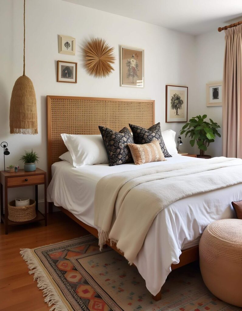 Afro boho bedroom featuring a cane headboard bed with white linens and patterned pillows, complemented by a woven pendant light and gallery wall, creating a culturally rich and inviting space.