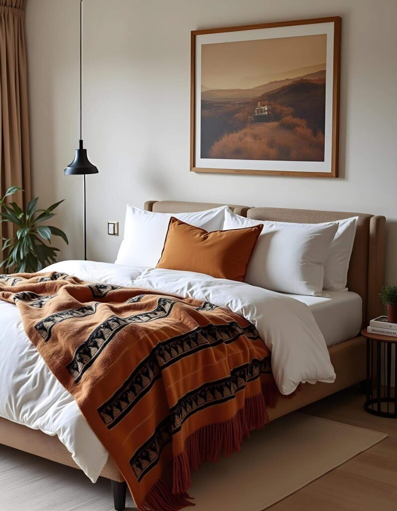 Cozy bedroom showcasing a patterned orange throw blanket, providing a warm and inviting atmosphere.