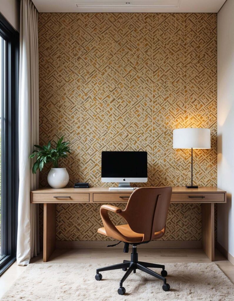 Home office featuring African-inspired geometric wallpaper, a light wood desk with drawers, a modern tan leather office chair, and a potted plant near a window with white curtains, creating a stylish and culturally rich workspace.