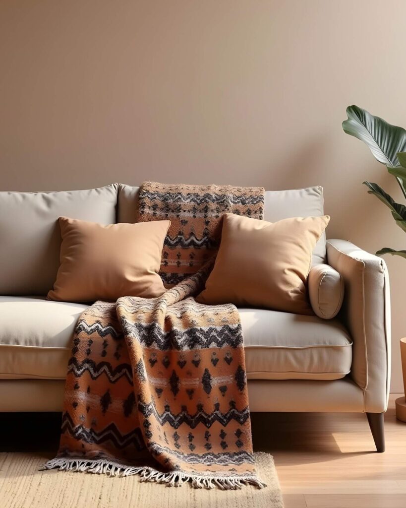 Cozy living room showcasing African-inspired home decor, featuring a soft, beige couch adorned with patterned throw blanket and matching ochre pillows. A lush green plant adds a touch of nature to the warm, inviting space.