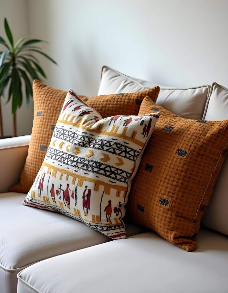 Close-up of African-inspired home decor featuring textured, rust-colored throw pillows and a decorative pillow with an African tribal motif on a white sofa.