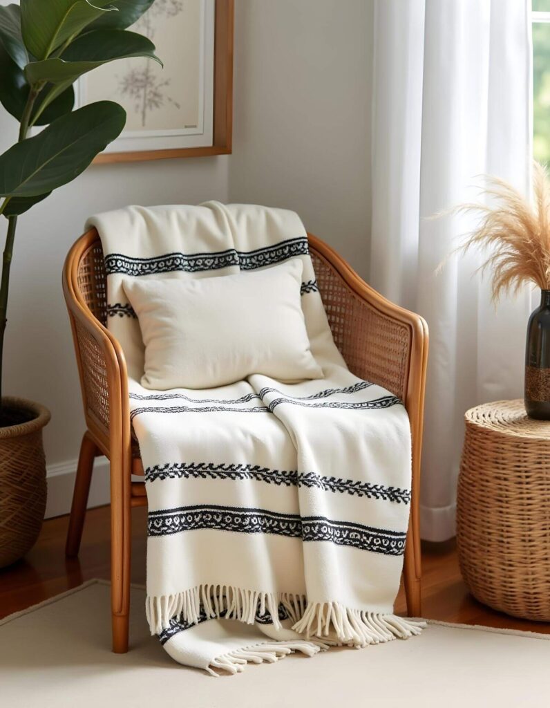 African-inspired home decor: A cozy scene featuring a woven chair draped with a textured, fringed throw blanket and a plush pillow, complemented by natural elements like a potted plant and a woven side table.