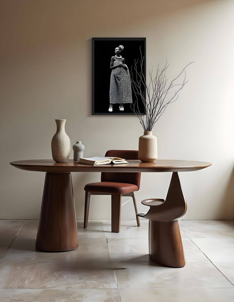 A serene interior shot features a stylish desk against a neutral backdrop and a striking black and white African photography on the wall. The focal point is a wooden oval desk supported by two uniquely designed pedestal legs with the photo behind it. On the desk, a book lies open, accompanied by two decorative vases. One vase holds bare branches, adding a touch of nature to the scene. A leather-upholstered chair is positioned at the table, while a second chair with a modern, sculptural design stands to the side. The flooring consists of large tiles, and the overall color palette is warm and inviting.