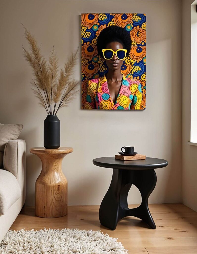 Two side tables, one light wood and the other dark, are situated on a wooden floor in a room with neutral-colored walls and a striking artwork. The artwork is of the modern African art genre and depicts the portrait of a striking black woman with a short afro, wearing a wax print dress over a wax print background. It is mid-way between photography and collage. A white, shaggy rug is partially visible in the lower-left corner. The side table on the left is made of light wood, and has a vase filled with feather grass on top of it; the side table is an example of modern African art. Tall feather grass, with its plume-like tops, fills a black cylindrical vase. To the right, the other side table is black, round, and has a modern design with a wide circle cut out of the table. A book with a simple, textured cover has a black cup and saucer on top. The wall behind the tables is painted in a muted beige. Part of a light-colored sofa is visible on the left, and a window with white trim peeks into the frame on the right.