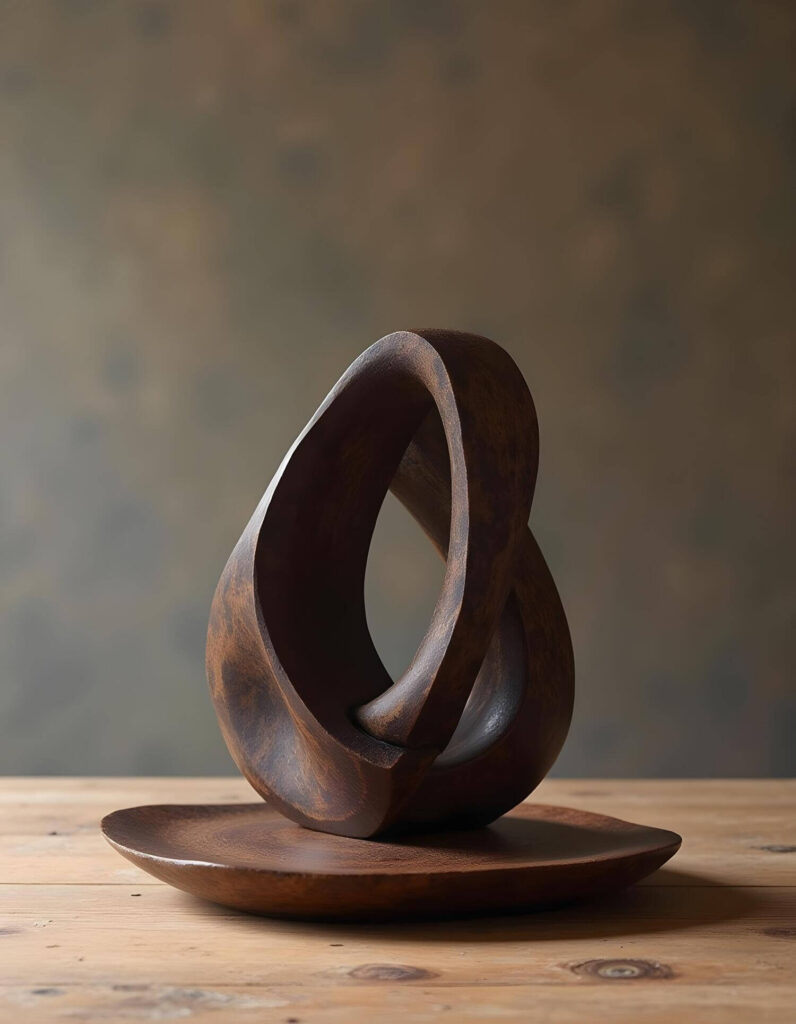 A handcrafted, dark wood sculpture featuring interlocking loops, displayed on a wooden plate, adding an earthy and artistic touch to your living space.