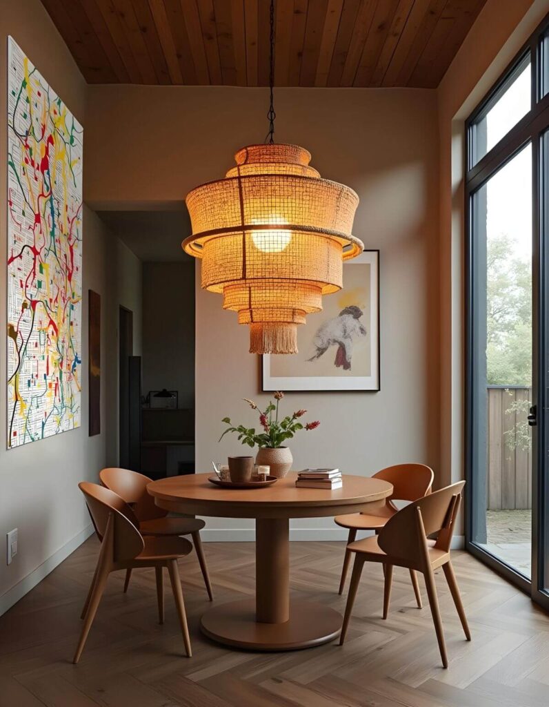 A dining room interior showcases a warm and inviting space featuring a round wooden table with a central pedestal base, surrounded by four wooden chairs in a matching tone, set on a herringbone wood floor. At the center of the table is a floral arrangement in a textured vase, accompanied by a small mug and a stack of books. A striking, tiered chandelier made of woven material hangs above the table, emitting a soft, ambient light. Behind the table, a striking piece of modern African art representing a colorful urban map over a white background. Large black-framed glass doors offer a glimpse of an outdoor area, while the ceiling is finished with wooden panels, completing the room's aesthetic.