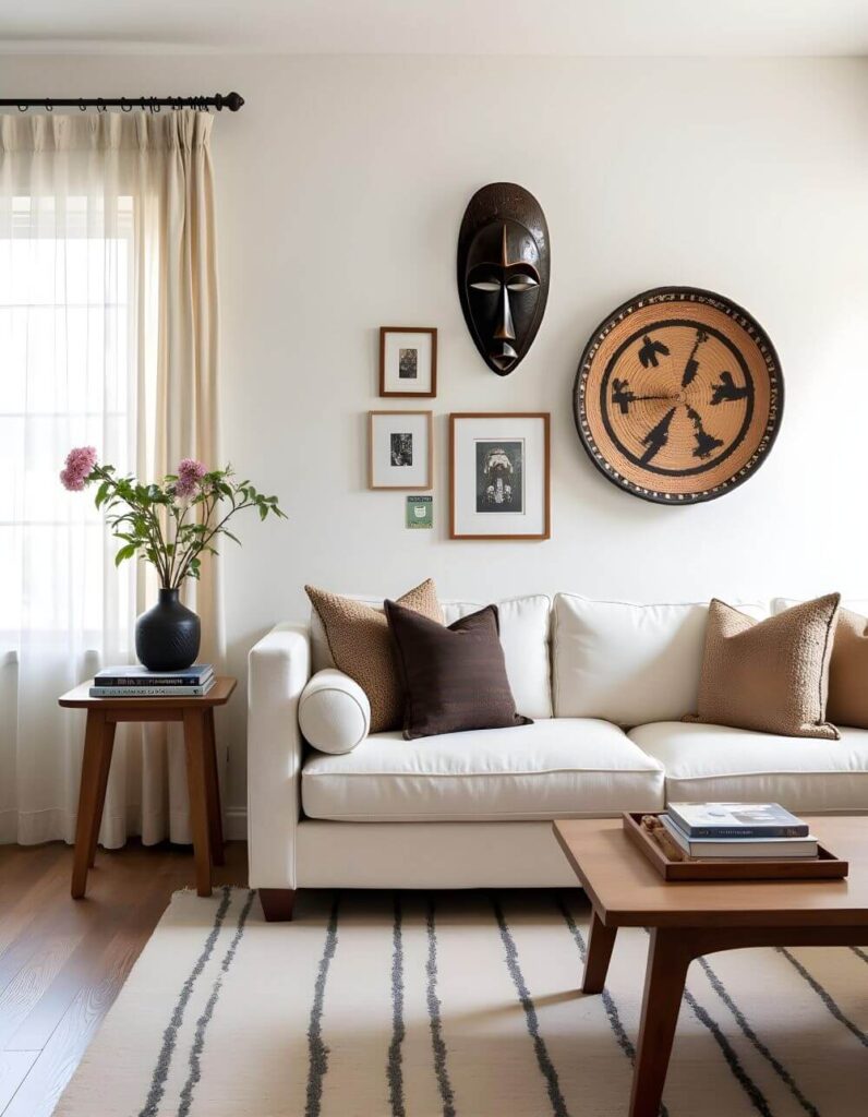 Living room featuring a white couch adorned with decorative pillows, complemented by a wooden coffee table and side table, set on a striped rug, with the wall art highlighting "Traditional African Masks" alongside framed pictures and a large woven basket.