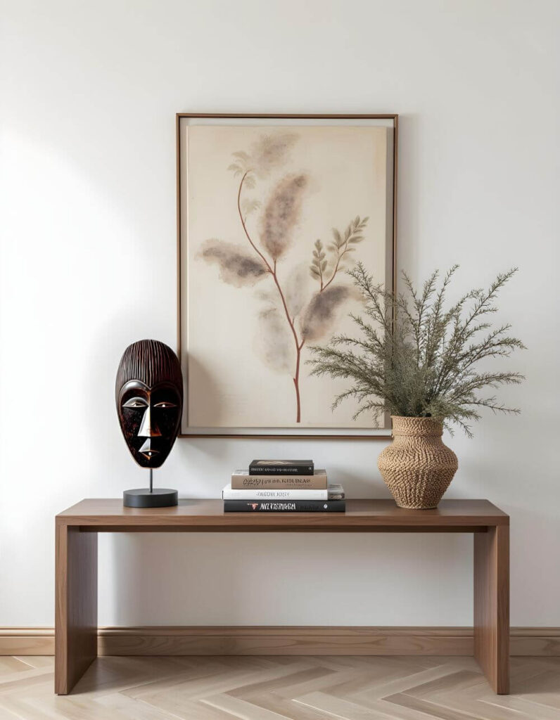 Traditional African Masks: A dark wood tribal mask is displayed on a console table beneath a framed print and vase of foliage, adding an elegant touch to the decor.
