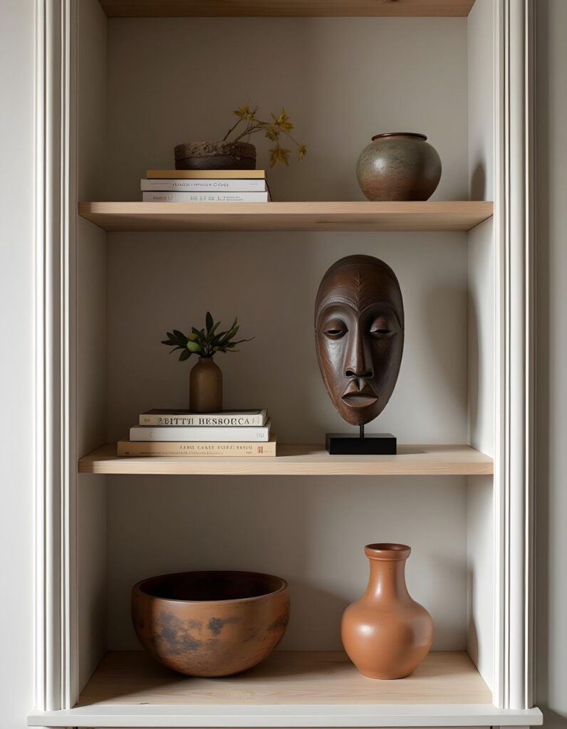 Traditional African Masks: Close-up of a built-in bookshelf featuring a curated display of artisanal objects; on the top shelf, a small woven pot with sprigs rests atop a stack of books, complemented by a rounded vase; the middle shelf showcases a prominent, elongated wooden African mask on a stand, paired with a petite brown vase holding greenery, resting also on books; the bottom shelf features a large, rustic brown wooden bowl alongside a slender terracotta vase, all illuminated by a soft, natural light which enhances the textures and earthy tones of the collection, creating a warm, inviting atmosphere.