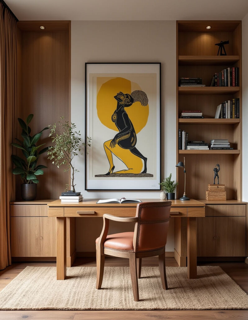 Inspiring home office with a light wood desk, tan leather chair, a large black-framed art piece depicting a stylized figure against a yellow circle, and custom built-in shelving.