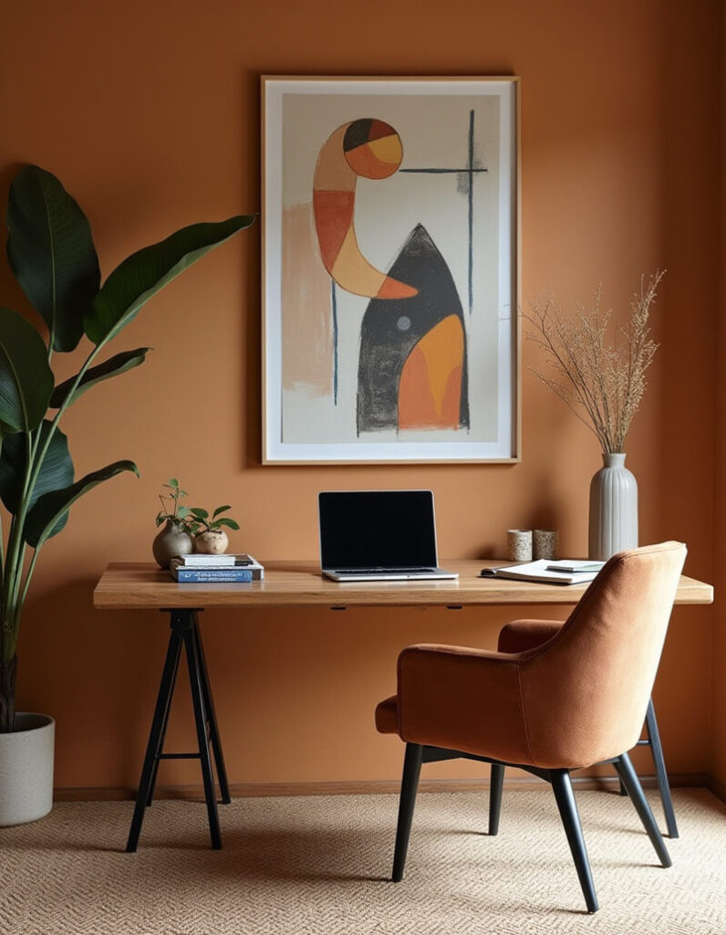 Inspiring home office setup with a sleek wooden desk, modern art, a comfortable orange chair, and a lush green plant, creating a calm and productive workspace.