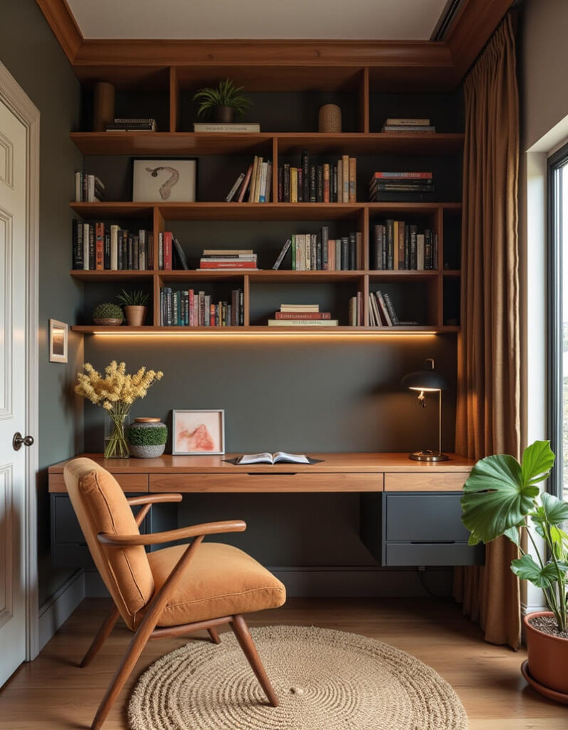 Inspiring home office with a built-in wooden bookshelf filled with books and decorative objects, a sleek wooden desk with drawers, a black lamp, a comfortable mid-century modern chair, and a round jute rug, creating a warm and inviting workspace.