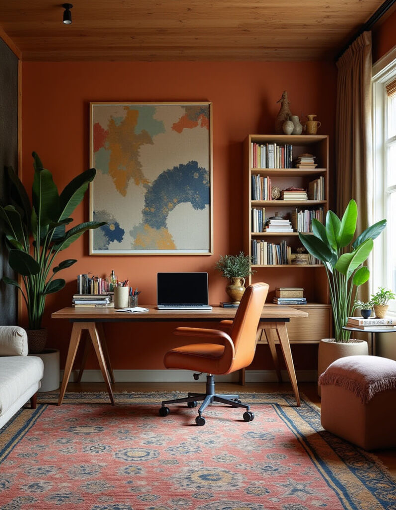 Inspiring home office featuring a wooden desk with a laptop, an ergonomic orange leather chair, lush green plants, a colorful abstract art piece, and a stylish rug to create an inviting and productive workspace.