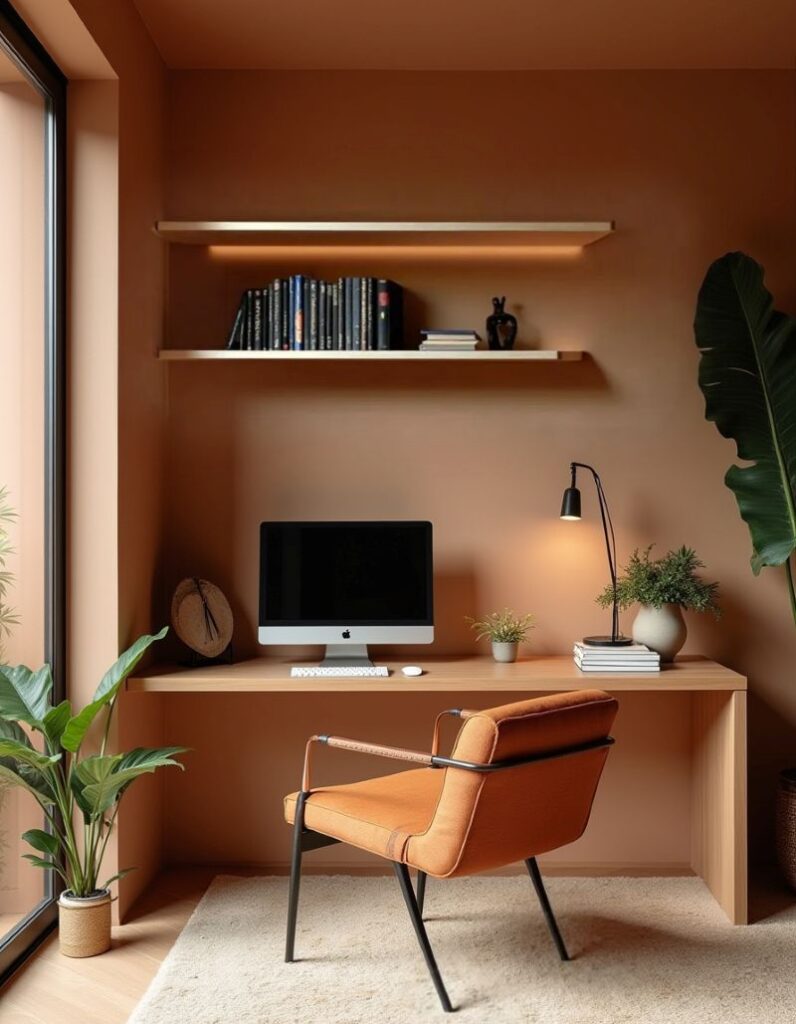 A cozy, well-lit home office bathed in earth tones. A sleek, minimalist desk, made of light wood, supports a modern desktop computer with a wireless keyboard and mouse. To the left of the desk, a large window showcases a view of lush greenery. A potted plant sits near the window, bringing life to the space. On the right side of the desk, a small black lamp casts a warm glow on a stack of books, next to a small potted green plant in a white pot, and other books are in a modern book shelf above the desk. The walls are painted in a warm, earthy tone that complements the natural light. A comfortable-looking chair with a leather seat and black metal accents sits in front of the desk on a soft, off-white rug. A large potted plant stands in the corner, adding a touch of nature to the calming workspace.