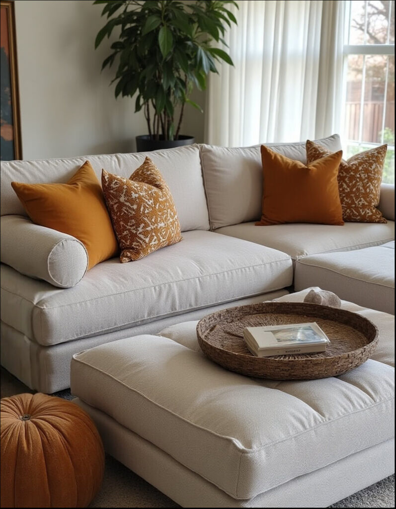 Interior shot of a living room featuring a sectional sofa with beige upholstery complemented by an assortment of orange and patterned pillows. A round woven tray rests on the extended section of the sofa, topped with a book. The room is bathed in natural light filtering through sheer white curtains. In the background, a healthy potted plant adds a touch of greenery. Additional decorative elements include a plush orange pumpkin-shaped cushion on the floor, enhancing the cozy and inviting atmosphere of the living space.