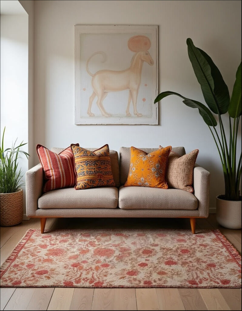 How to style pillows on a couch: A beige couch features an array of decorative pillows in a bright, well-lit living room. The pillows are arranged in varying sizes and patterns, including orange, red, and textured fabrics, adding visual interest. An area rug with a floral pattern complements the overall color scheme. Artwork hangs above the couch, and plants frame the scene, enhancing the room's aesthetic.