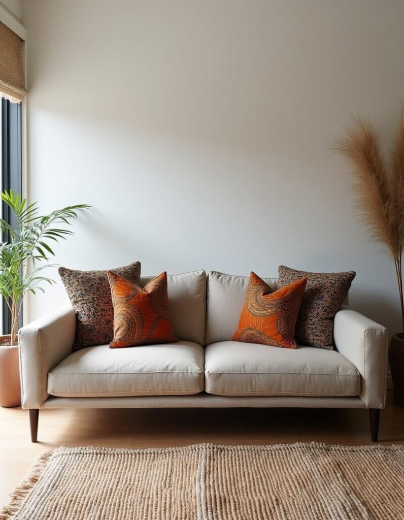 Beige sofa with brown and orange pillows, potted plant, on top of a jute rug.