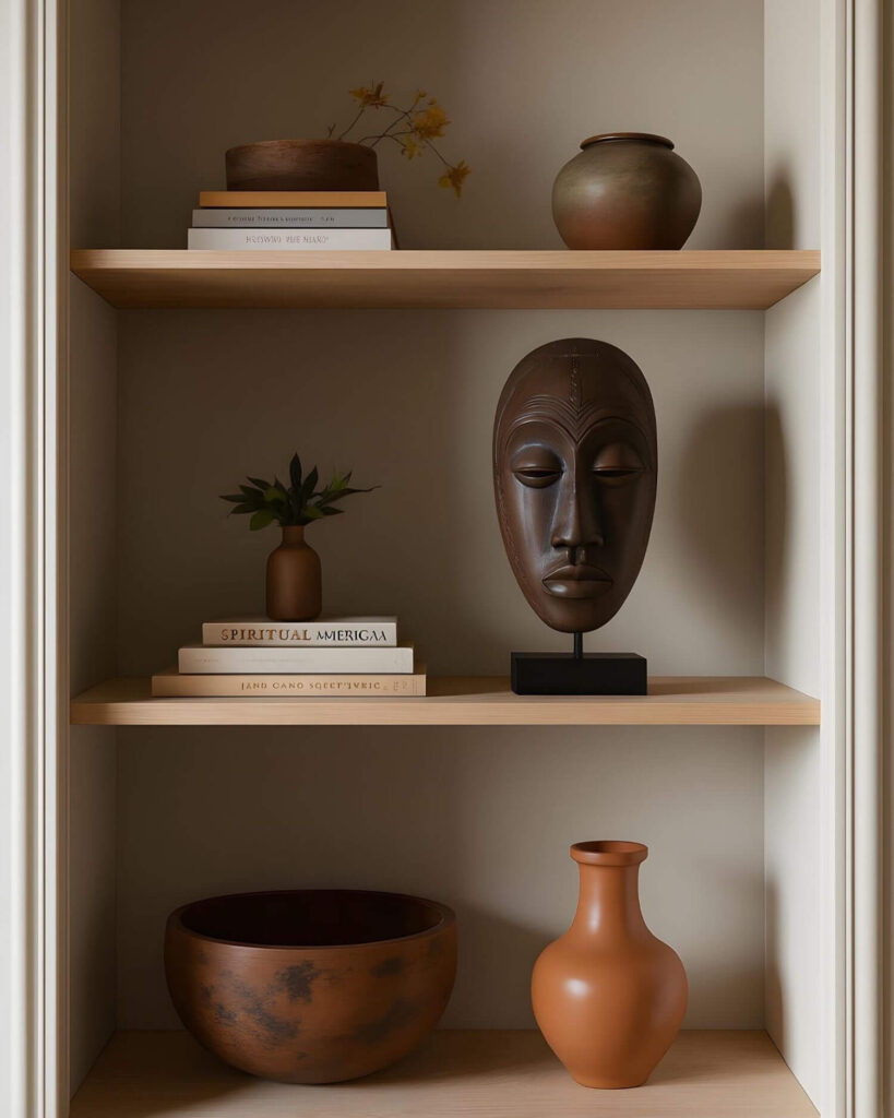 Traditional African Masks: Close-up of a built-in bookshelf featuring a curated display of artisanal objects; on the top shelf, a small woven pot with sprigs rests atop a stack of books, complemented by a rounded vase; the middle shelf showcases a prominent, elongated wooden African mask on a stand, paired with a petite brown vase holding greenery, resting also on books; the bottom shelf features a large, rustic brown wooden bowl alongside a slender terracotta vase, all illuminated by a soft, natural light which enhances the textures and earthy tones of the collection, creating a warm, inviting atmosphere.
