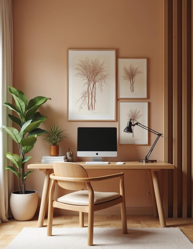 Inspiring home office setup featuring a clean wooden desk with a modern iMac, complemented by botanical wall art and a minimalist wooden chair, creating a warm and inviting workspace.