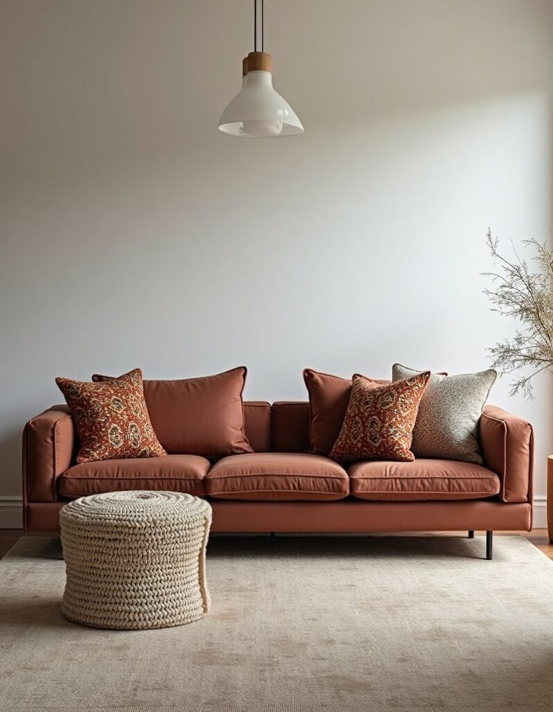 How to style pillows on a couch: A warm, inviting living room featuring a rust-colored couch adorned with a mix of solid rust and patterned accent pillows. A woven ottoman rests in front of the couch on a neutral rug, with a modern pendant light hanging above.