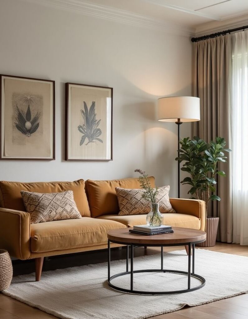 Living room with a gold couch, round wooden table, and plant.