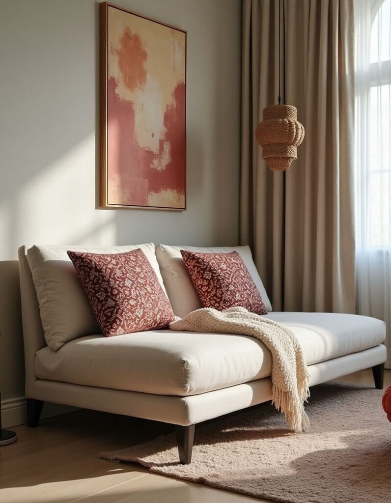 Interior living space featuring a beige lounge, two patterned pillows and neutral colored decor and artwork.