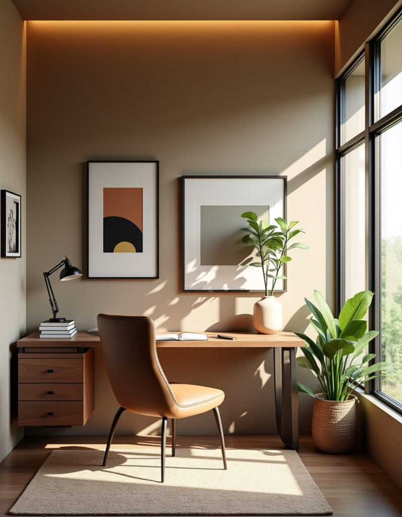 A modern home office space with natural light streaming in through a large window. A wooden desk with a built-in set of drawers on one side holds a black desk lamp, some books, a notebook, and a pen. Two framed art pieces hang on the wall behind the desk and a light brown leather chair is positioned in front of it. Live green plants are placed on the desk and on the floor near the window, adding a touch of nature to the minimalist design. A neutral-colored rug sits beneath the desk and chair.