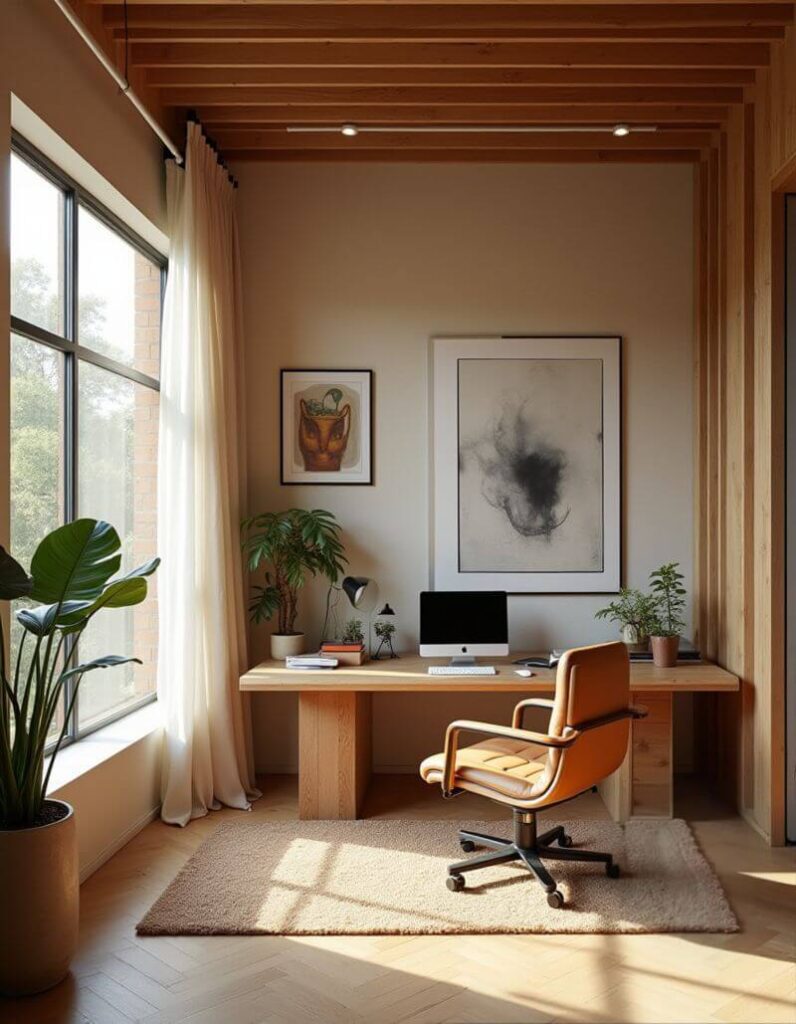 A contemporary home office featuring a light wooden desk with a black-screened computer, complemented by a tan leather office chair, all set on a beige rug over a light wooden herringbone floor, with natural light streaming in through a large window.