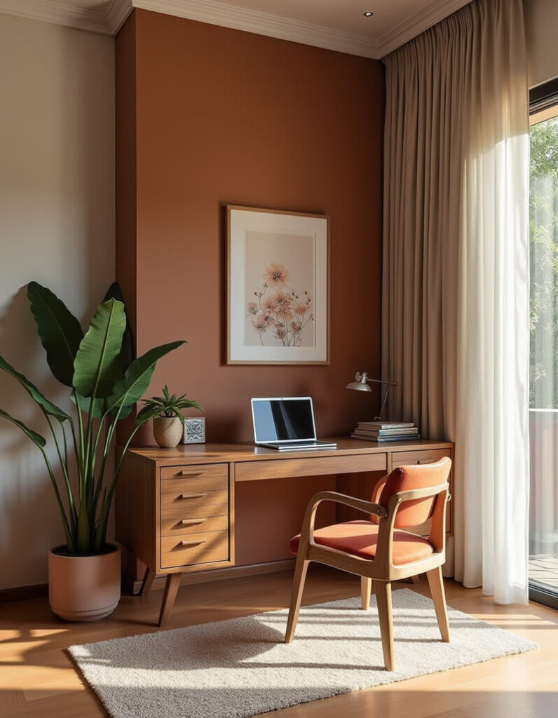 A cozy home office setup features a wooden desk with a laptop, an orange chair, and a potted plant, all bathed in natural light.