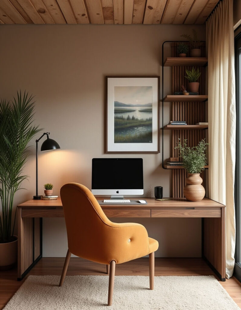 A cozy and modern home office setup featuring a wooden desk with a sleek, minimalist design, complemented by a curved orange chair with tufted detailing; on the desk, there's an Apple iMac, a small desk lamp, and a few decorative items; the walls are painted in a warm, neutral tone, and a scenic landscape painting hangs above the desk; to the side, a tall, narrow bookshelf with wooden shelves and a black metal frame holds various plants and books; a large potted plant on the floor adds a touch of nature to the space; the room is well-lit with natural light streaming in from a window covered with sheer, light-colored curtains.