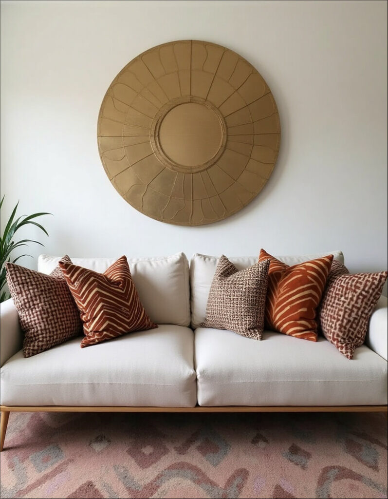 A living room with a cream-colored sofa, earth-toned pillows, and a large, round, sun-like wall decoration. A modern yet cozy and inviting living space is shown in this eye-level shot. A cream-colored sofa is styled with an arrangement of pillows in earth tones and textures and placed against a white wall. The sofa is paired with a pink and mauve patterned rug and decorative artwork to create an inviting and stylish living room. The sofa features plump cushions and a light wood base. Five throw pillows are placed across the back; the outside pillows are a red and white checkered pattern, the middle pillow is a light beige-y brown, and the other two are light red with tan, tiger-like stripes. Mounted above the sofa is a large, round, sun-like wall decoration, adding a modern, decorative touch. A glimpse of a leafy green plant on the left contrasts with warm hues, all placed on a pink and mauve patterned rug.