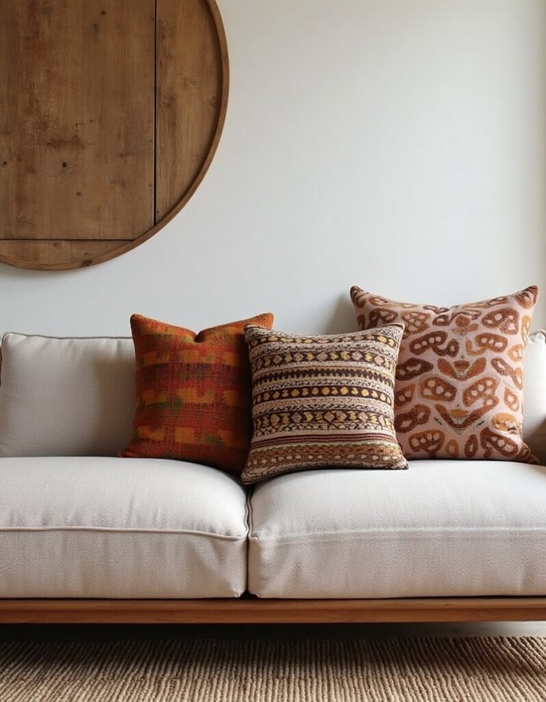 How to style pillows on a couch: A neutral couch is decorated with three accent pillows in a warm color palette, including shades of orange and brown, with different patterns like geometric and abstract shapes. Above the sofa hangs a round wooden artwork.