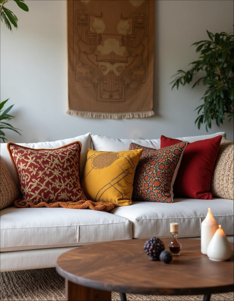 How to style pillows on a couch: A stylish white couch adorned with an array of decorative throw pillows in rich colors like red, orange, and gold, set against a neutral wall with a textured tapestry and a round wooden coffee table in the foreground.
