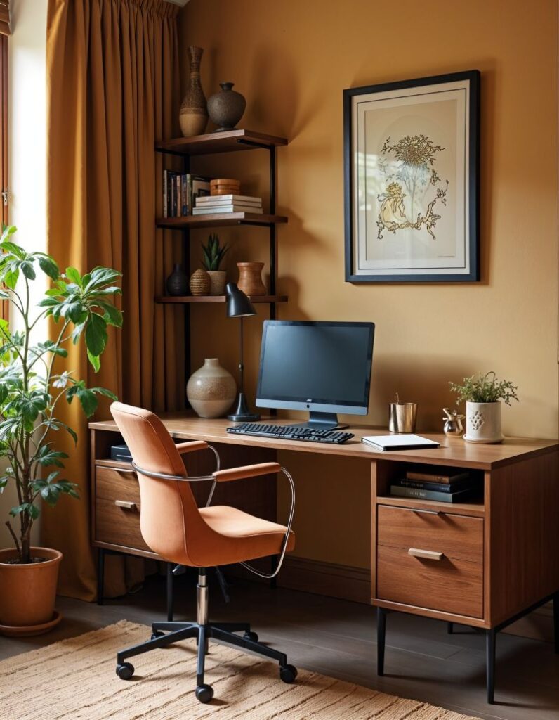 A cozy home office setup with a wooden desk, orange chair, and natural light from a window veiled by golden drapes. Bookshelves adorn the wall, displaying vases and reading material, next to a framed piece of art above the computer. A green plant adds a touch of nature, completing the inviting workspace.